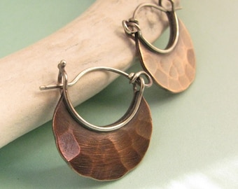 Small Copper Earrings, Forged Copper And Sterling Silver Hoop Earrings, Small Hoops, Contemporary Earrings, Hammered Crescent Earrings