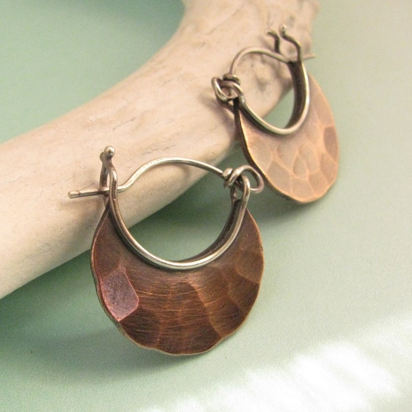 Small Copper Earrings, Forged Copper And Sterling Silver Hoop Earrings, Small Hoops, Contemporary Earrings, Hammered Crescent Earrings