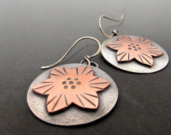 Mixed Metal, Argentium Silver And Copper Flower Earrings, Two Tone Artisan Floral Jewelry