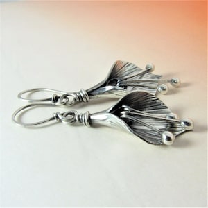 Small Sterling Silver Lily Earrings, Contemporary Metal Flower Jewelry