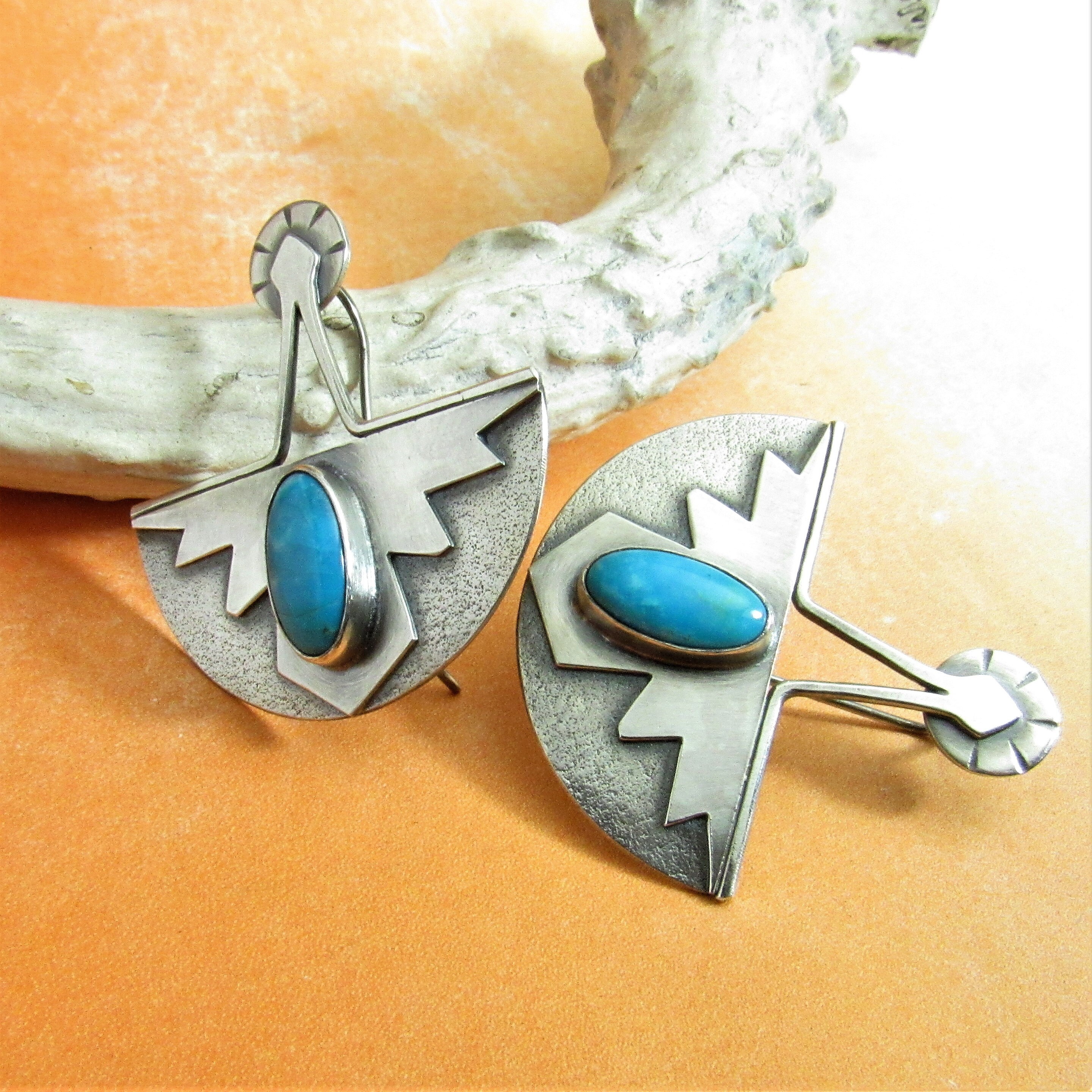 Silver and Turquoise Thunderbird Earrings, Unique Southwest