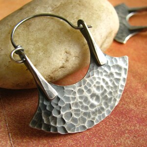 Sterling Silver Hammered Blade Hoop Earrings, Urban Tribal Rustic Metalsmith Jewelry With Attitude image 4