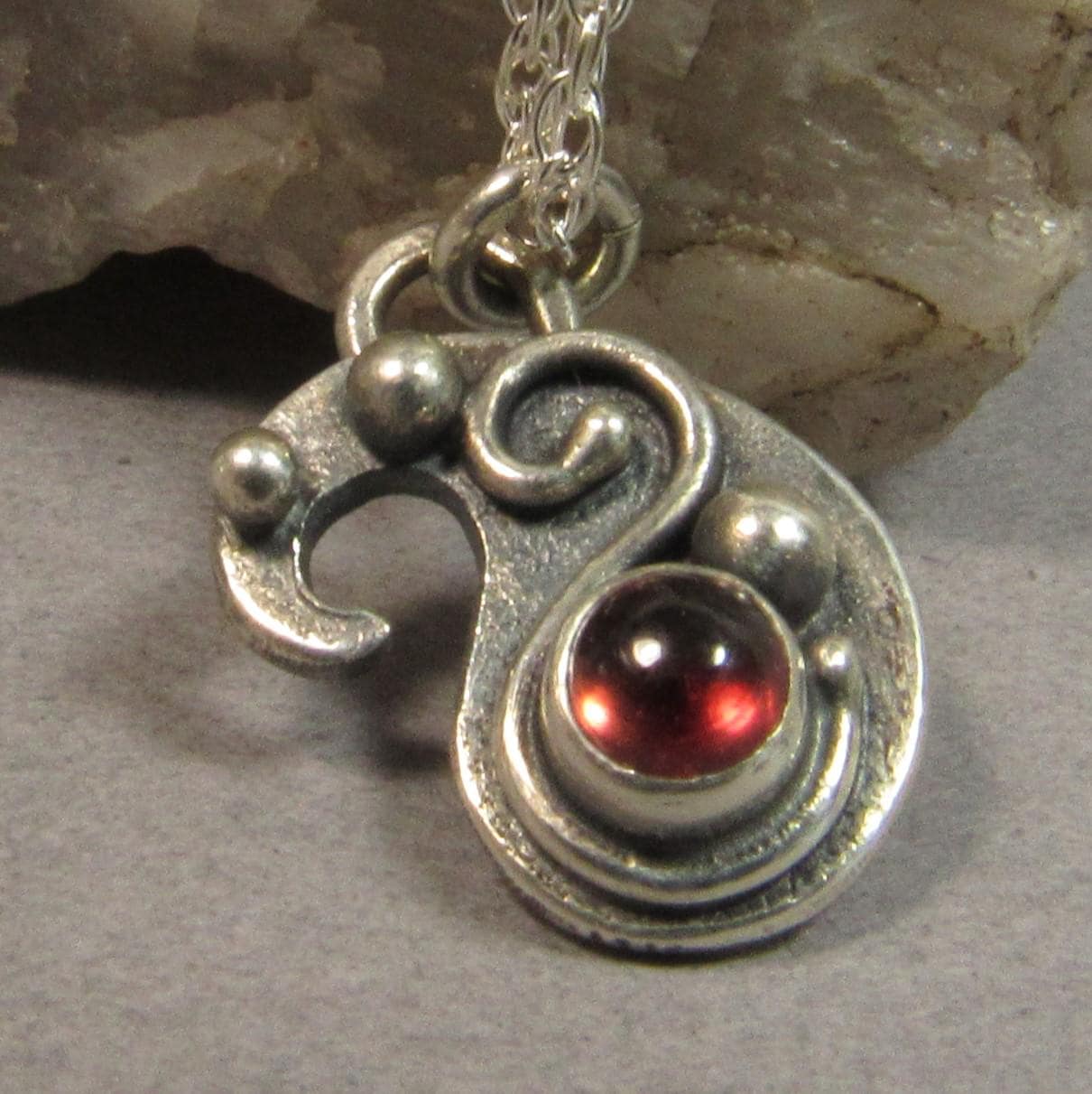 Petite Rhodolite Garnet Paisley Necklace, Sterling Silver And Deep Pink Gemstone Pendant, Artisan Jewelry