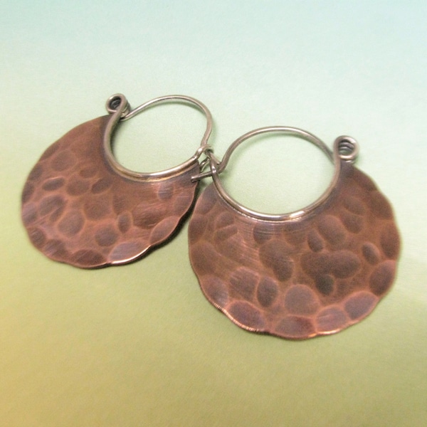 Large Rustic Copper Earrings, Handcrafted Mixed Metal Gypsy Style Hammered Hoops