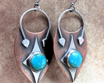 Mixed Metal Turquoise Earrings, Copper & Sterling Silver Shields, Rustic Jewelry