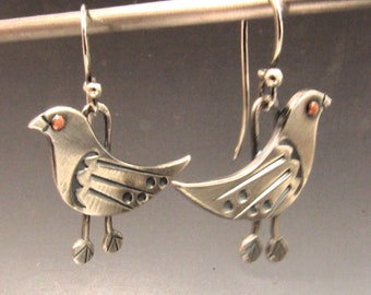 Whimsical Argentium Sterling Silver Bird Earrings With Copper Eye