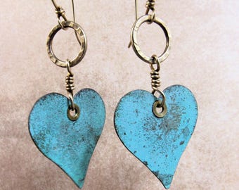 Boho Verdigris Heart Earrings, Rustic Brass Statement Jewelry With Blue Patina