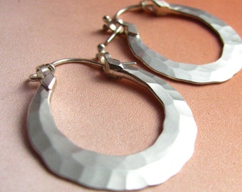 Hammered Sterling Silver Hoop Earrings, Artisan Hand Forged Jewelry