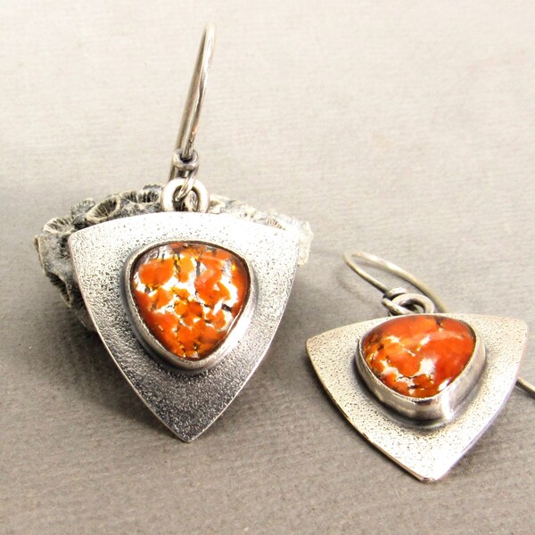 Contemporary Argentium Sterling Silver Earrings With Vintage Japanese Orange Glass Cabochon