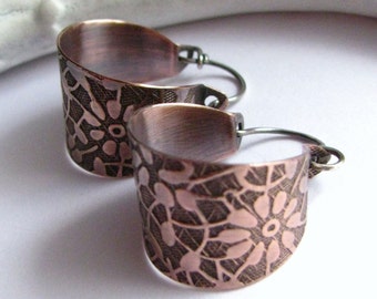 Small Copper Earrings, Basket Earrings, Flower Pattern Hoops With Sterling Silver Earwires