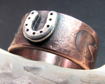 Silver And Copper Horseshoe Ring, Rustic Wide Band, Gift for Him, Mixed Metal Jewelry