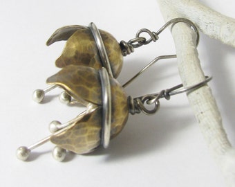 Mixed Metal Musical Bell Earrings, Artisan Tinkling  Flower Earrings, Silver And Bronze Unique Metalsmith Jewelry