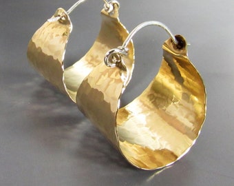 Golden Hammered Brass And Sterling Silver Basket Hoop Earrings