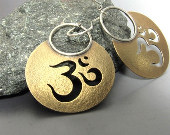 Bronze And Sterling Silver Om Earrings, Large Mixed Metal Dangles, Aum, Yoga, Sanskrit