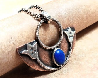 Handcrafted  Lapis Lazuli Lotus Necklace, Mixed Metal Pendant In Copper And Argentium Silver