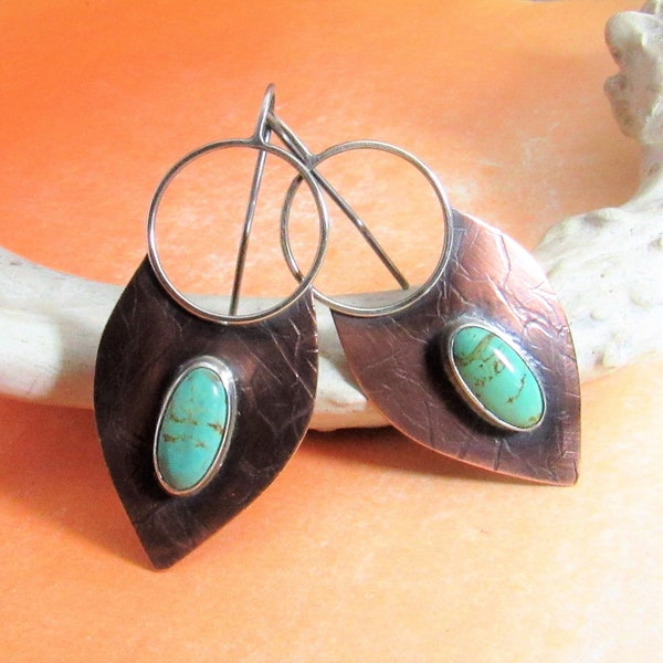 Large Rustic Turquoise Earrings, Sterling Silver And Copper Tribal Earrings, Mixed Metal Boho Jewelry