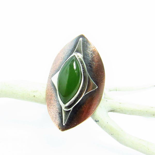 Nephrite Jade Ring Size 7, Mixed Metal, Copper And Sterling Silver, Green Stone Medieval Mandorla Statement Ring, Art Jewelry