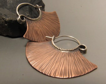 Copper Fan Hoops, Mixed Metal Sterling Silver And Copper Tribal Earrings