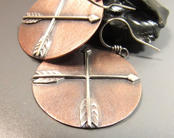 Copper And Sterling Silver Crossed Arrows, Mixed Metal Earrings, Friendship Symbol, Disc Shape