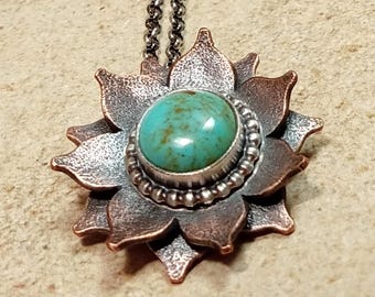 Copper Lotus Flower Turquoise Necklace, Mixed Metal Pendant