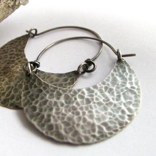 Large Rustic Hammered Sterling Silver Hoop Earrings - Modern Tribal Contemporary Metalsmithed Jewelry
