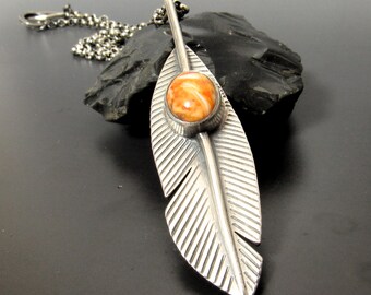 Argentium Silver Feather Pendant With Orange Spiny Oyster, Unisex Free Spirited Jewelry With A Southwestern Vibe