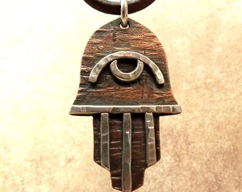 Handmade Copper & Silver Hamsa Necklace • Rustic Unisex Protection Amulet On Leather Cord, 7th Anniversary