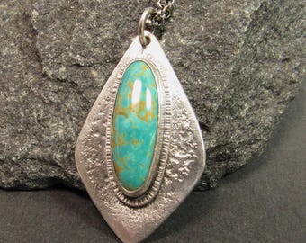 Argentium Sterling Silver And American Turquoise Pendant Necklace, Organic Geometric
