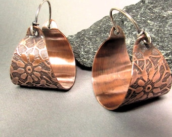 Floral Pattern Copper Hoop Earrings, Basket Hoops, Contemporary Mixed Metal Jewelry