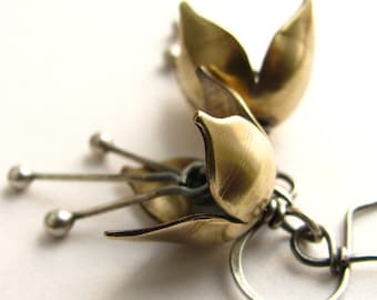 Small Bell Flower Earrings, Mixed Metal Sterling Silver And Bronze Earrings, Handcrafted Metalwork Jewelry