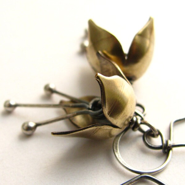 Small Bell Flower Earrings, Mixed Metal Sterling Silver And Bronze Earrings, Handcrafted Metalwork Jewelry