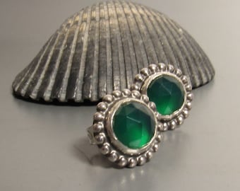 Sterling Silver And Emerald Green Onyx Stud Earrings, Post Backs