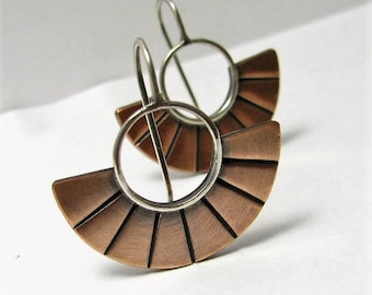 Contemporary Copper Earrings,  Small Two Tone Fan Earrings,  Modern Mixed Metal Artisan Metalsmith Jewelry