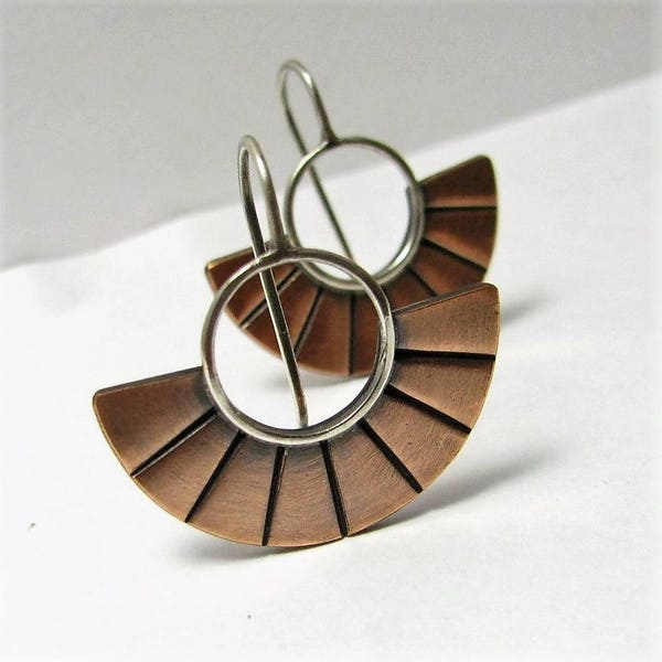 Contemporary Copper Earrings,  Small Two Tone Fan Earrings,  Modern Mixed Metal Artisan Metalsmith Jewelry