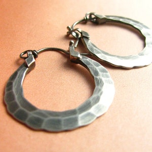 Small Hammered Argentium Sterling Silver Hoop Earrings,  Contemporary Hoops, Handcrafted Silversmith Jewelry