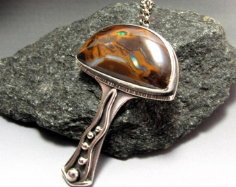 Sterling Silver and Boulder Opal Mushroom Pendant Necklace, One Of A Kind Art Jewelry, Fungi