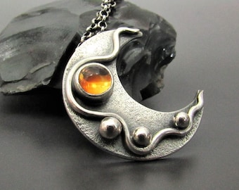 Argentium Sterling Silver Citrine Crescent Moon Pendant Necklace
