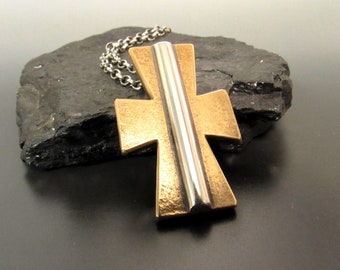 Rustic Cross Necklace For Men Or Women, Bronze And Sterling Silver Unisex Cross Pendant