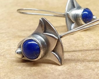 Deep Royal Blue Lapis Earrings Argentium Sterling Silver Lotus Jewelry