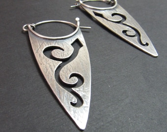 Long Sterling Silver Earrings, Boho Hoops, Edgy Design