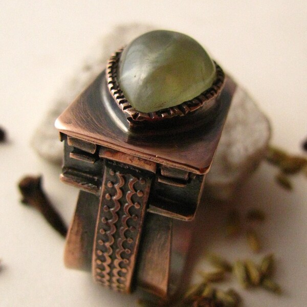 Copper, Fine Silver And Prehnite Ring  - OOAK - Price Reduced - Poison Ring - Treasure Box Ring