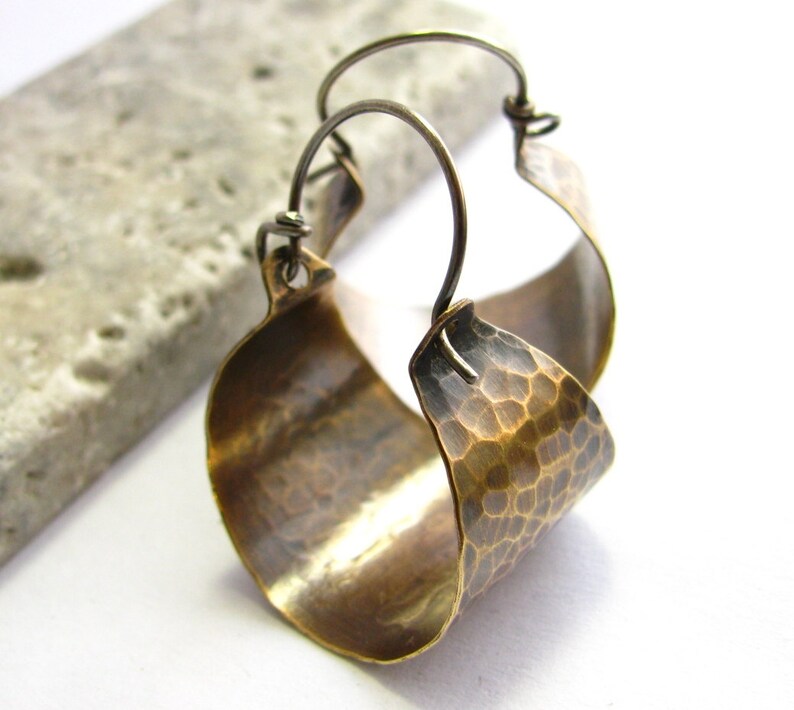 Hammered Bronze Hoop Earrings Rustic Earrings Mixed Metal Etsy