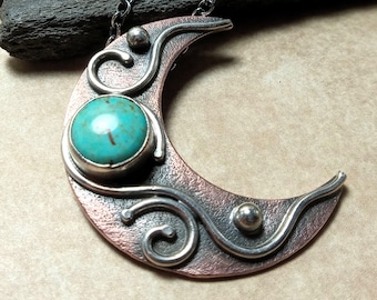 Mixed Metal Crescent Moon Necklace With Turquoise, Copper And Argentium Silver