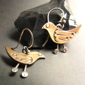 Whimsical Mixed Metal Bird Earrings, Bronze And Sterling Silver One Of A Kind Handcrafted Art Jewelry For Bird Lovers