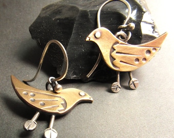 Whimsical Mixed Metal Bird Earrings, Bronze And Sterling Silver One Of A Kind Handcrafted Art Jewelry For Bird Lovers