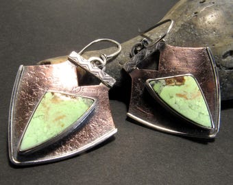 Mixed Metal Lemon Chrysoprase Earrings, Copper And Sterling Silver One Of A Kind Earrings
