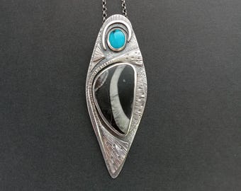 Siren's Song Pendant, One Of A Kind Sterling Silver, Colus Fossil, And Kingman Turquoise Necklace