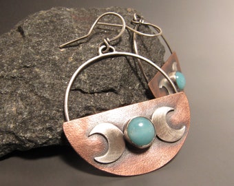 Crescent Moon Triple Goddess Earrings, Mixed Metal Copper, Sterling Silver And Amazonite Earrings