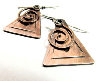 Triangular Copper Earrings With Spiral Dangle And Sterling Silver Ear Wires, Mixed Metal Jewelry