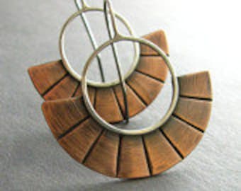 Contemporary  Copper Earrings, Mixed Metal Two Tone Fan Earrings